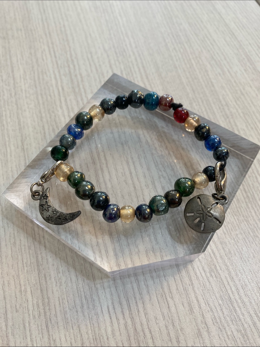 Multicolor Glass Bead Charm Bracelet with Moon and Sand Dollar Charms